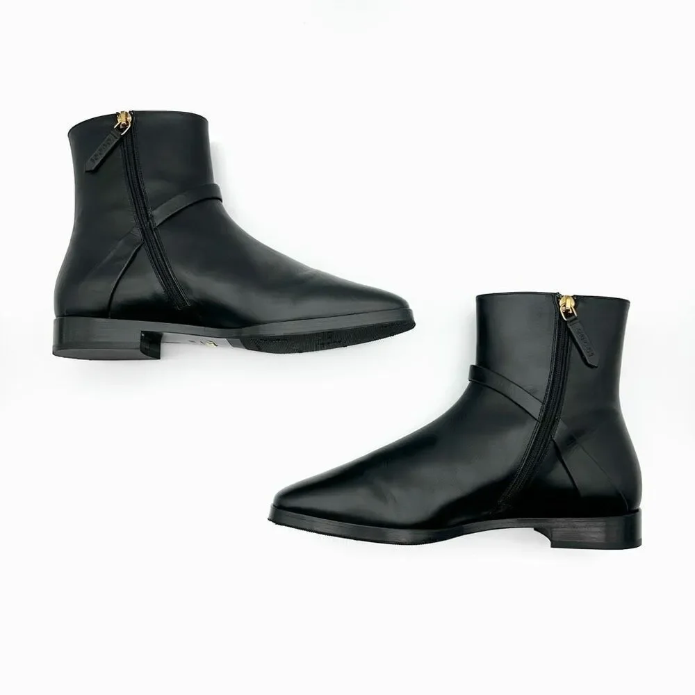 GUCCI Elite GG Ankle Boots Size 38.5 US 8.5 Black Leather Harness Low Heel Calf